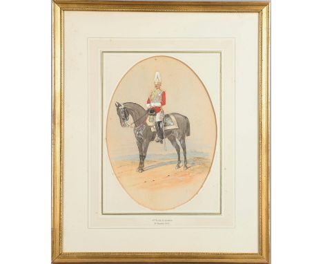 1st Life Guards, mounted in dress uniform. Watercolour and bodycolour, in oval mount, 27.5 x 20cm. Indistinctly titled, lower