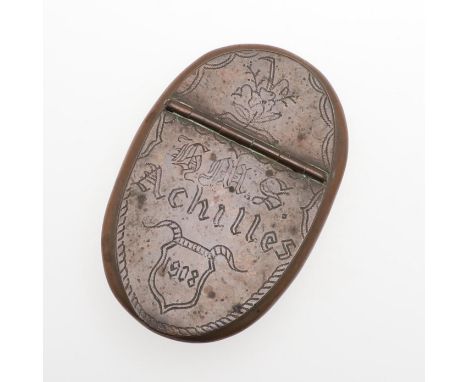 A copper tobacco box of oval concave form with hinged lid engraved 'H.M.S. Achilles 1908'. 9 x 6cm. H.M.S. Achilles was launc