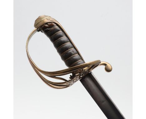 With an unmarked 81cm pipe-backed pointed blade, the brass guard with gothic type decoration, with a Lion rampant within an o