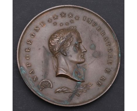 A bronze medal, obverse, laureate bust r. within 'Napoleone Imperatore e re', with a broken wheel, crossed braches and group 