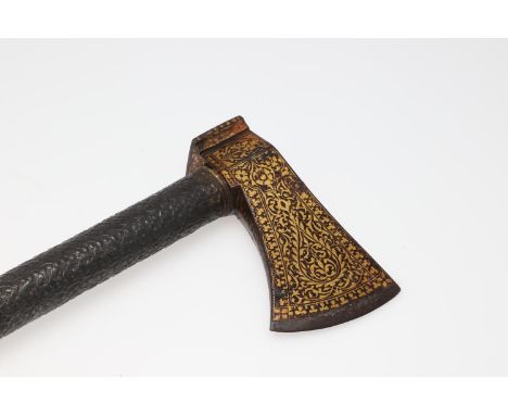 A fine 19th century 'Tarbarzin' saddle axe, the small shaped axe head with scrolling gilt 'koftgari' foliate decoration to bo
