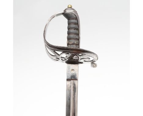 With an 82.5cm slightly curved, pointed, fullered blade decorated with 'Volunteer Rifles' and a slung bugle amongst scrolling