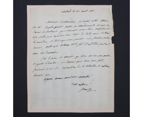 Bonaparte, Joseph, King of Naples, later King of Spain, elder brother of Napoleon. Autograph letter signed 'Joseph', to 'Mons