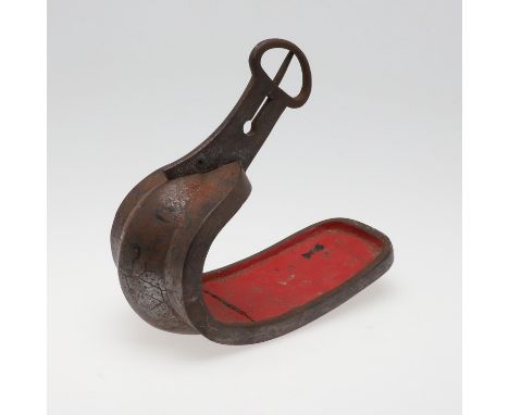 A samurai iron parade stirrup with red interior, the iron body inIaid with clouds and lightening bolts, the suspension bracke