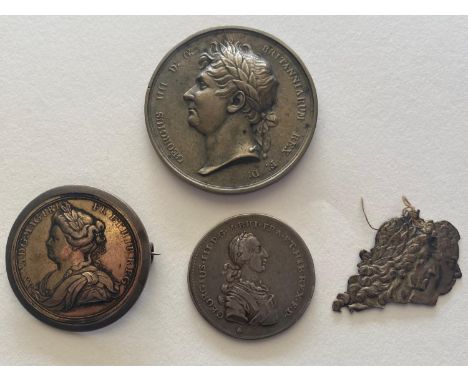 A peace of Utrecht medal, dated 1713 below a standing figure holding a shield and olive branch, mounted as a brooch, 4cm. A G