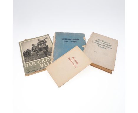 Four volumes: Edwin Erich Dwingrt, Spanish Silhouettes, with a Der Reichsfuhrer SS library stamp. The Fuhrers Army creating a