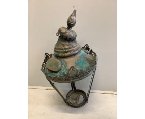 A Victorian copper and lead street lantern with wrought iron wall bracket, height 80cm. Condition - poor.