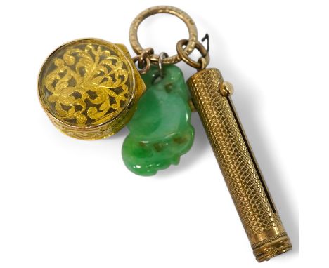 An unmarked yellow metal vinaigrette, 18mm, together with a yellow metal overlaid combination propelling pencil/penknife and 