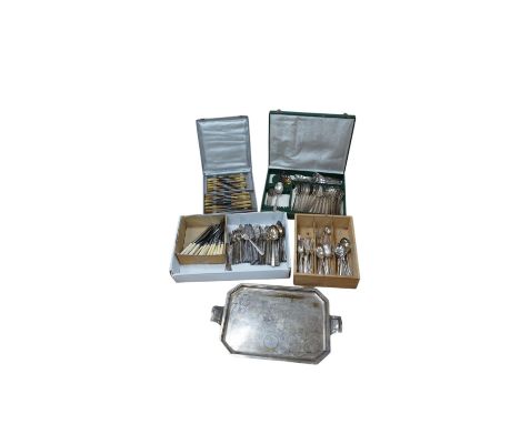 French silver plated flatware, a set of horn-handled cutlery, a silver plated tea tray and plated knife rests. Condition - fa