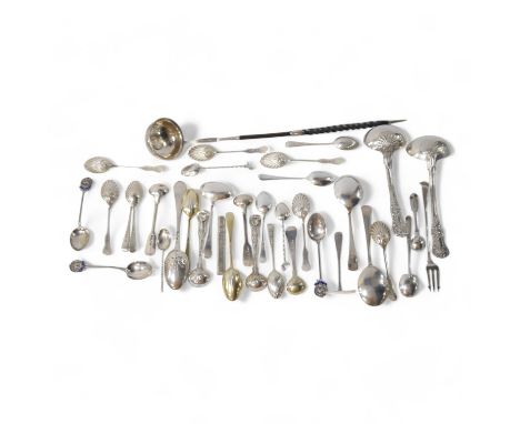 A quantity of assorted mainly 19th century and later silver flatware, including two Queens pattern sauce ladles, seventeen te
