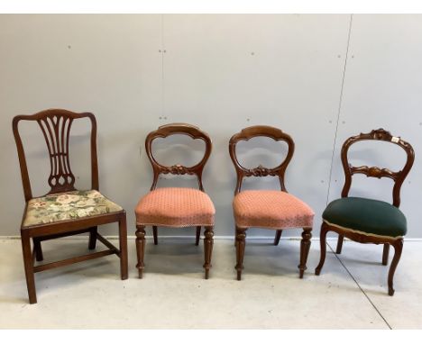 A pair of Victorian mahogany dining chairs, on fluted legs, another on cabriole legs and a Chippendale style chair, with a dr