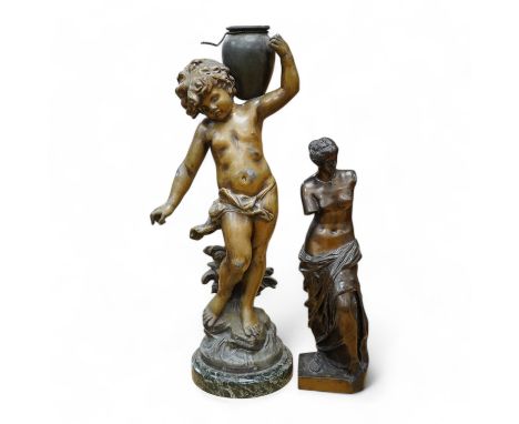 After Auguste Moreau, a 19th century French bronzed spelter figure of an amorini carrying a water pitcher, ‘’Le Ruisseau’’, a