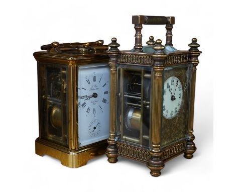 A French brass repeating carriage clock, together with another enamelled dial carriage clock, both with keys, tallest 15cm. C
