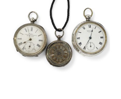 A George V Waltham silver open faced key wind pocket watch (a.f.), a 935 white metal open faced pocket watch and an 800 white