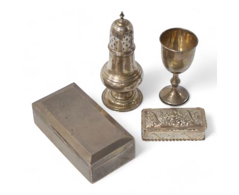 A late Victorian silver sugar caster, Holland, Aldwinckle &amp; Slater, London, 1899, 19.3cm, a silver mounted cigarette box,