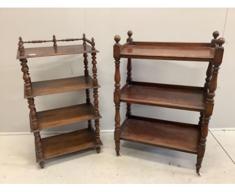 A small late Victorian mahogany three tier buffet, width 70cm, depth 38cm, height 103cm, together with a late Victorian mahog