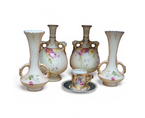 Two pairs of Royal Worcester blush ivory vases, model numbers 2332 and 1626 and Vienna type coffee can with saucer, tallest 2
