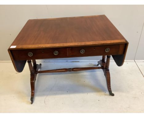 A Regency banded mahogany sofa table, width 94cm, depth 70cm, height 70cm. Condition - fair