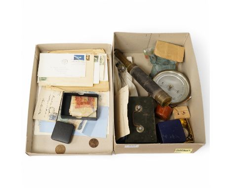 A Victorian brass four draw telescope, a drum cased aneroid barometer, coins and paper money, first day issues, etc. Conditio