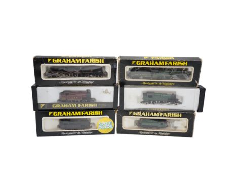 Six boxed Graham Farish N gauge locomotives; a GWR Castle Class, a GWR Prairie Tank, a GWR Pannier Tank, two LMS 0-6-0Ts, and