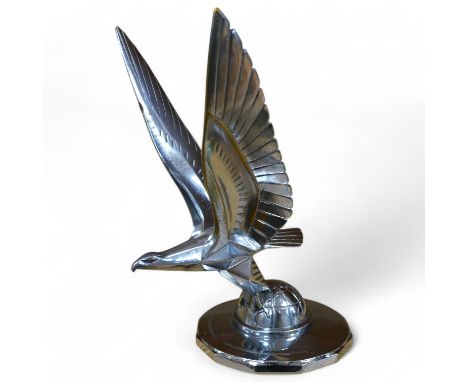 A 1920s/30s French Art Deco ‘eagle on a globe’ car mascot by Casimir Brau for the car manufacturer Messier, mounted to a thre