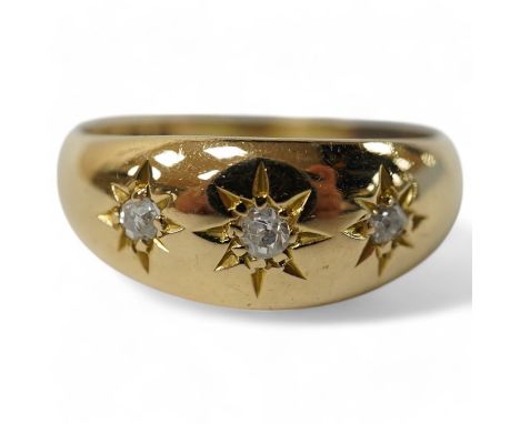 A George V 18ct gold and gypsy set three stone diamond chip ring, size K, gross weight 4 grams. Condition - fair to good