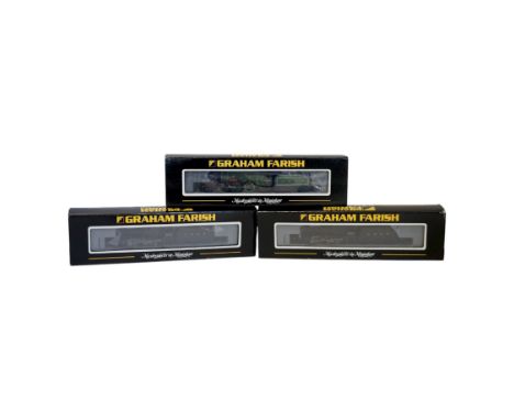 Three boxed Graham Farish N gauge railway LNER tender locomotives; a Class 8F, 3107 (372-150), a Class 8F, 3107 (372-150), an