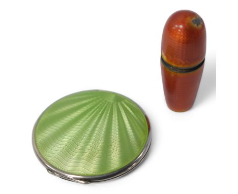 An Art Deco silver green guilloche enamel circular compact, Charles Packer &amp; Co Ltd, Birmingham, 1938, 60mm, together wit