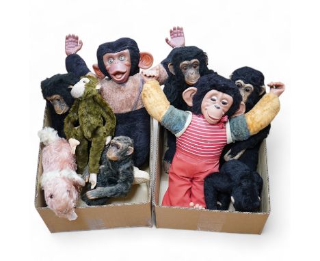 A Farnell’s Alpha Toys monkey, seven other soft toy monkeys and a soft toy rabbit, Farnell 36cm.  Condition varies