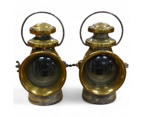 A pair of brass side lamps by Lucas Ltd. Birmingham, “King of the Road” No.740, both with early conversions to electricity, m