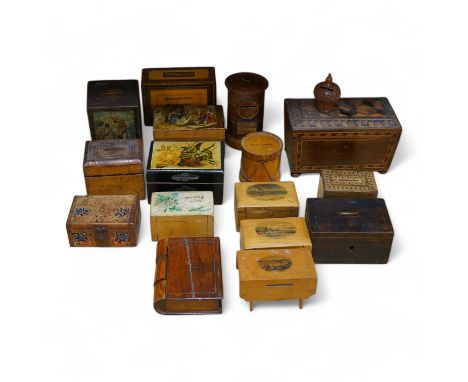 A 19th century Tunbridgeware tea caddy, 20cm wide, 11cm high, a Coquilla nut miniature money box and a collection of mixed de