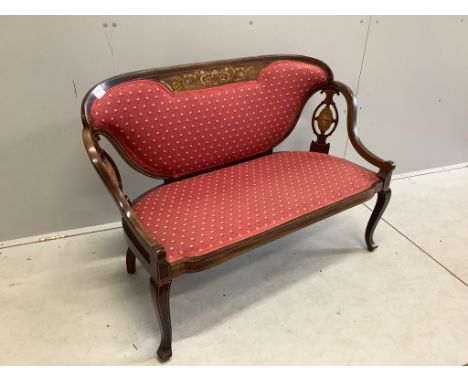 A late Victorian marquetry inlaid mahogany salon sofa, width 117cm, depth 46cm, height 79cm. Condition - fair CITES Submissio