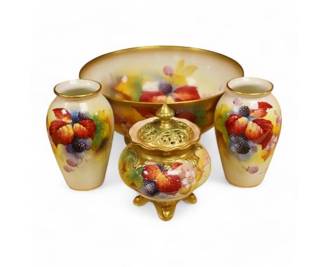 Four pieces of Royal Worcester porcelain hand painted with fruit and flowers by Kitty Blake, largest 18cm wide. Condition - g