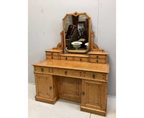 A late Victorian Gothic revival ebony inlaid, bird's eye maple bedroom suite, manner of Charles Bevan, comprising 5ft bed fra