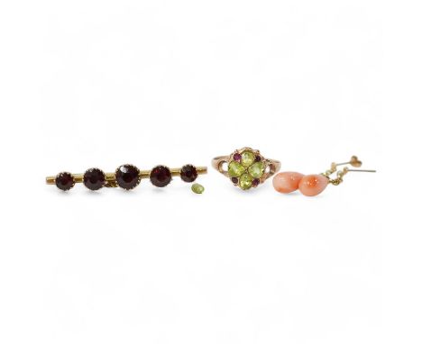A 9ct gold, peridot and ruby cluster set ring (peridot loose), size P, together with an early 20th century 9ct gold and garne