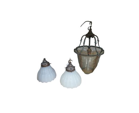 A copper hall lantern, other lighting and an Art Nouveau copper door plate. Condition - varies Lantern - no damage found to g