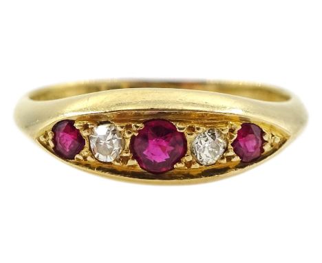 Early 20th century 18ct gold five stone ruby and diamond marquise shaped ring, Cornelius Desormeaux Saunders &amp; James Fran