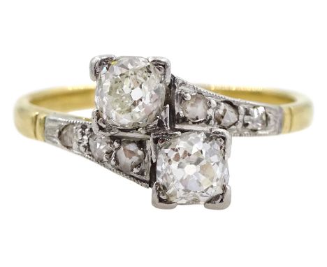 Early-mid 20th century 18ct gold two stone old cut diamond cross-over ring, total diamond weight approx 0.50 caratCondition R