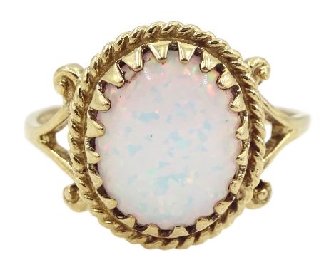 9ct gold single stone oval opal ring, hallmarked 