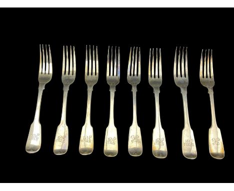 Set of five George IV silver pattern table forks engraved with a monogram London 1827 Maker T Cox Savory, single fork engrave