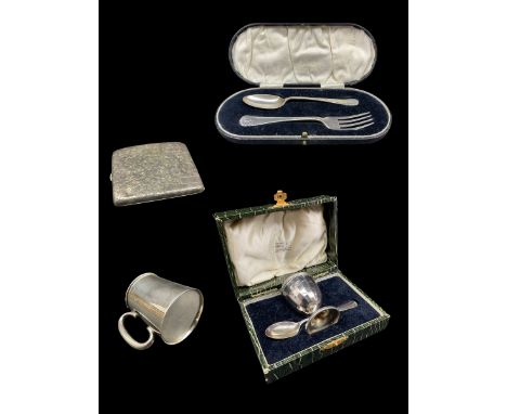 Small silver christening mug  by Walker and Hall,  silver cigarette case with engraved decoration marked 'Silver 950',, chris