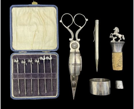 Set of six silver cocktail sticks with cockerel terminals, Birmingham 1932 maker Adolph Scott, cased, silver mounted bottle s