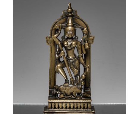 Dimensions: Height 19 cm Wide 9 cm Depth 5,5 cmWeight: 837,6 grams Durga, the warrior goddess, as Mahishasuramardini ("slayer