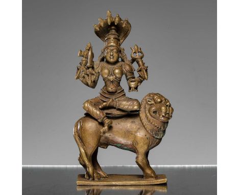 Dimensions: Height 15 cm Wide 8 cm Depth 4 cmWeight: 848,3 grams Finely cast bronze sculpture depicts Goddess Durga, seated r