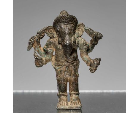 Dimensions: Height 8 cm Wide 6 cm Depth 3 cmWeight: 172,3 grams Four-armed Ganesha standing in  samabhanga on a square plinth