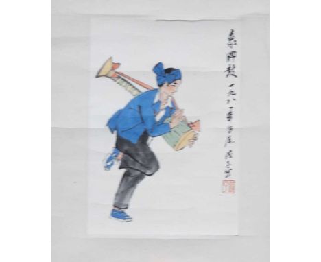 Dimensions: 47 cm x 36 cm Stem-shaped drum. Ye Qian yu has three wonders "cartoon, dance painting and sketch". Among these th