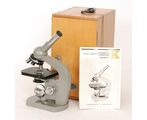 An Olympus model K Japanese microscope in oak case with instruction manual 
