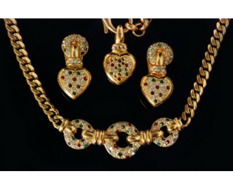 A pair of Christian Dior Bijoux gold tone heart shaped clip earrings together with a quantity of stone set necklaces, pendant