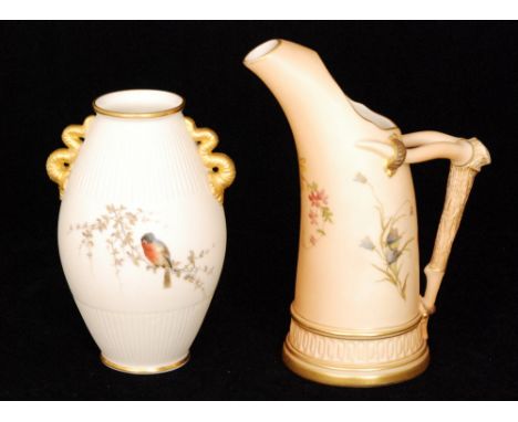 A Royal China Works Grainger & Co Worcester vase decorated with a hand painted bird perched upon a gilt and painted branch, p