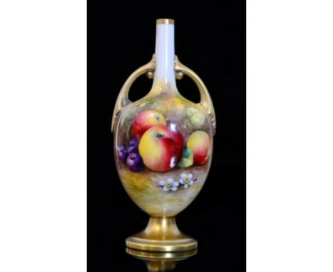 A Royal Worcester 'Fallen Fruits' shape 2700 twin handled pedestal vase panel decorated by Moseley with hand painted apples, 